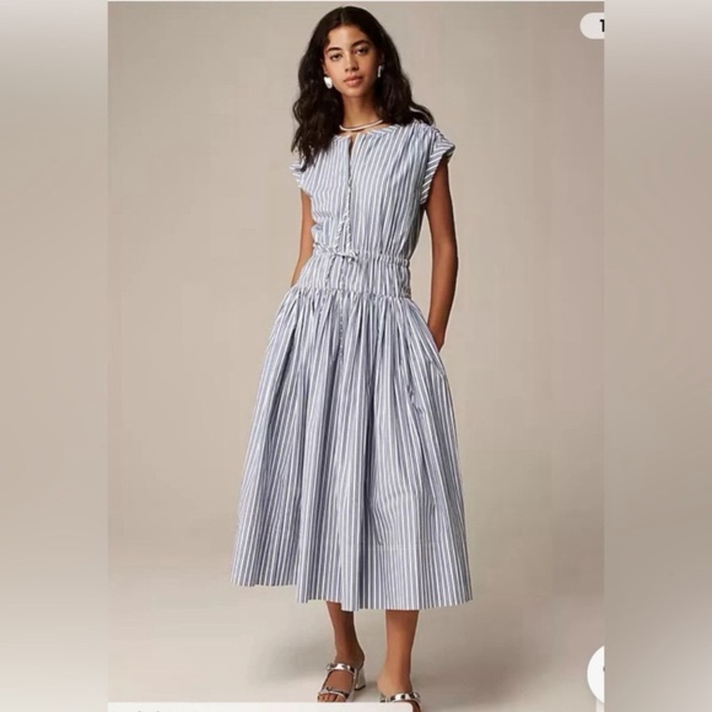 Drop-waist midi dress in striped cotton poplin